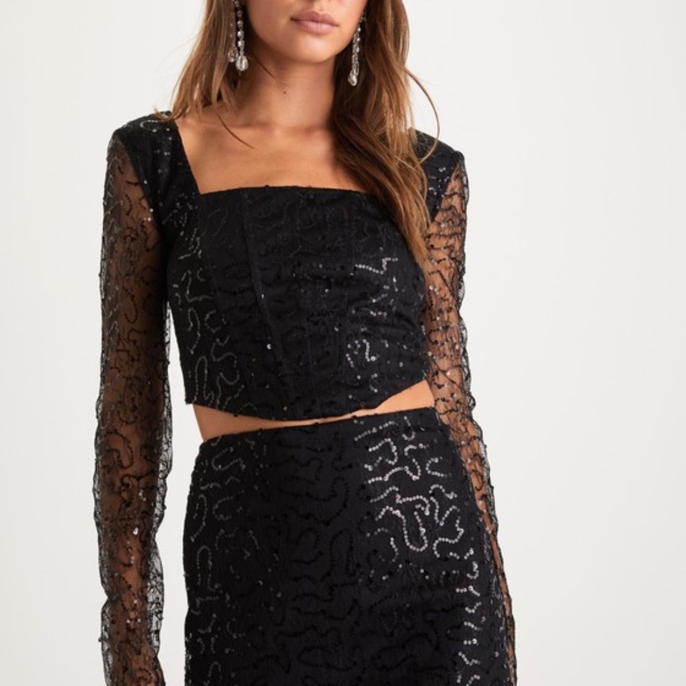 Lulus Twice As Flirty Black Sequin Mesh Bustier Two-piece Mini Dress - Size S